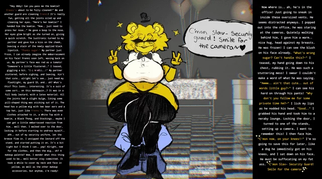 A tiny bit of teasing from a fellow security guard.. [FNaF] [Fandom] [Facesitting] [Teasing] [Easily Flustered Male] [Springlock Suit] [Femdom] Embarrassement] [Flustered] [Female POV]