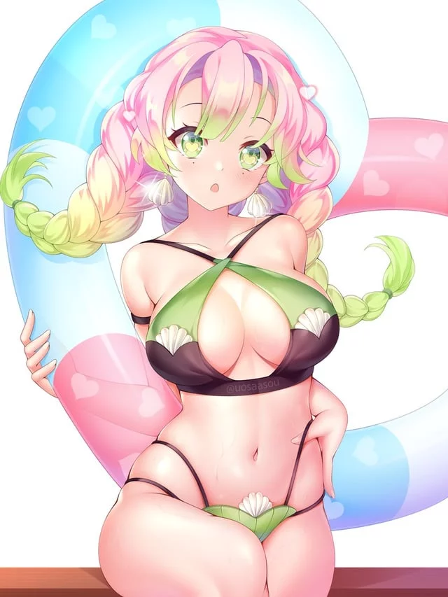 Mitsuri: You love my bikini?! Thank you! Let's go take a vacation at the beach and play in the sand!