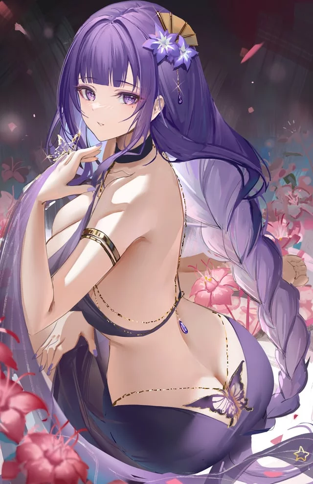 Raiden pleasant in purple backless and flowers (loki1998888) [Genshin Impact]