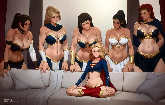 Supergirl surrounded by Amazons (Taraknovich) [DC comics]