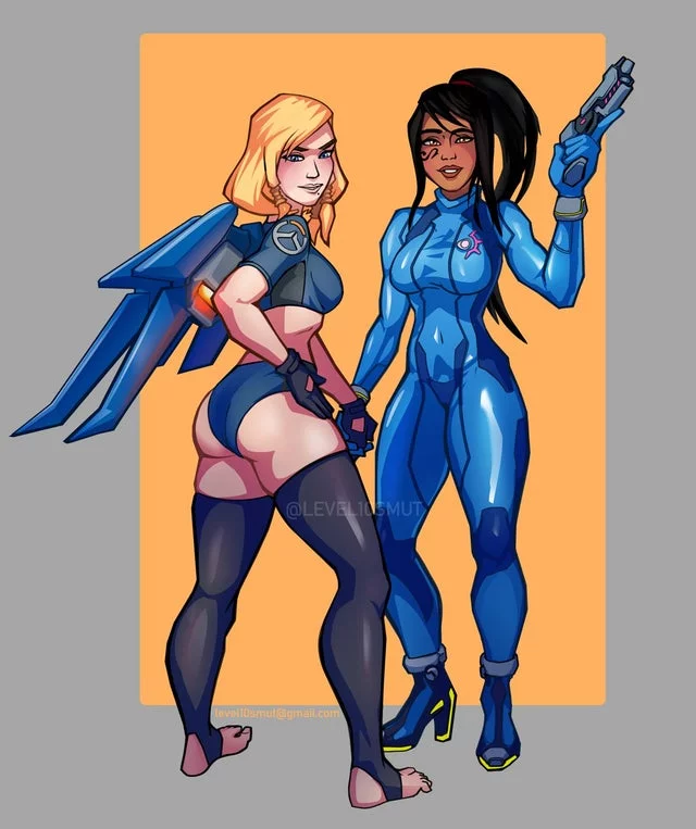 Samus and Pharah outfit swap (@level10smut)[Overwatch][Metroid]