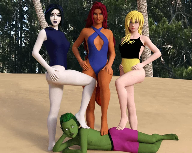 [Teen Titans] Raven, Starfire and Terra posing with Beast Boy on the Beach (SoleMann)