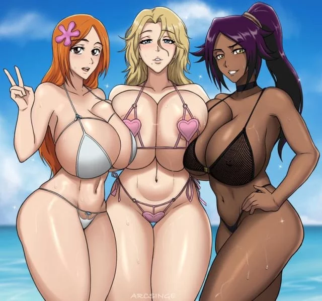 (Rangiku, Orihime, Yoruichi) Bleach amazes with his girls.. But being in front of these ladies on the beach, I would choose Rangika. She has such a soothing look, but at the same time my penis is choking in its own sperm! And who would you choose?