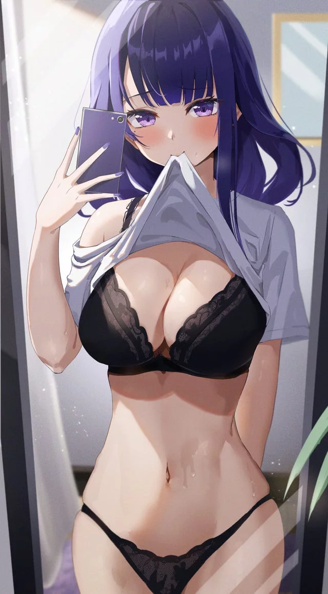 Raiden lifts her shirt to take a mirror selfie (by やまもと)