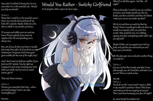 Your Switchy Girlfriend could go either way! [WouldYouRather] [choice of wholesome, femsub, femdom, switch] [gender neutral pov]