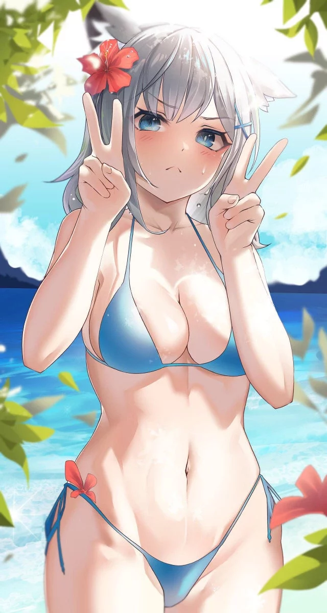an embarrassed swimsuit Shiroko doing the ✌️✌️ by Muo