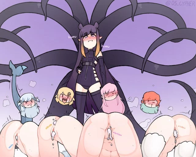 Fufu~ foolish humans i told you couldn’t beat me and my tentacles~ and now looks at yous on the floor filled with my tentacles seed~ now you will be mine and my tentacles new play thing~ hehe~🖤