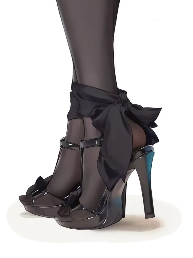 Glossy black high heel sandals and pantyhose [Original]