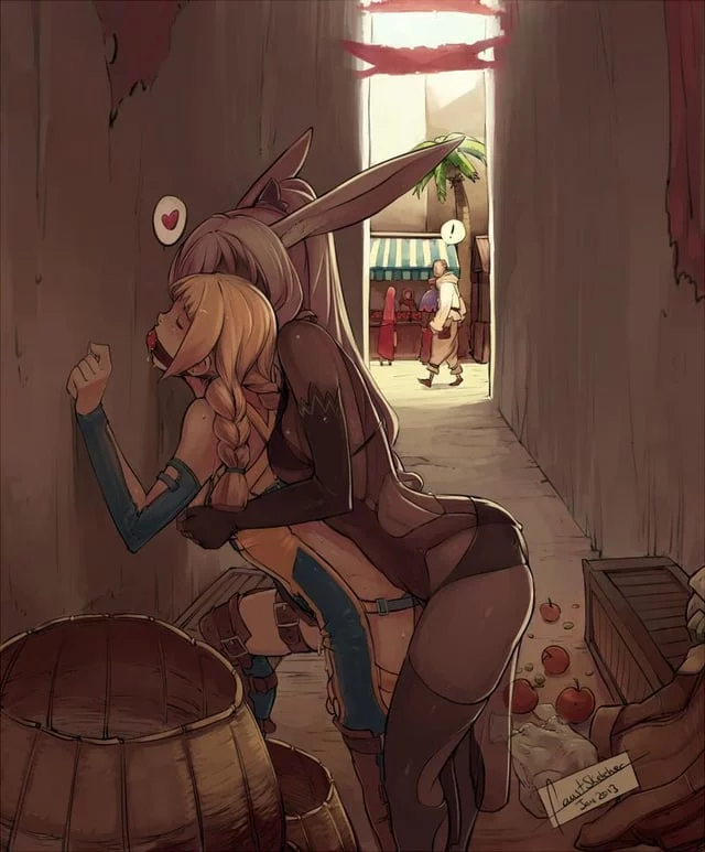 A big tall bunny pinning a weak lil adventurer against the wall