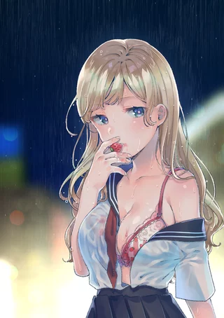 It's late, wet and nobody's gonna see. Besides you'd be able to see my bra anyway, so what difference does my uniform's top make?