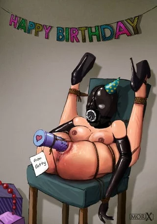 My friends convinced me to blindfold myself for my birthday surprise. I was then stipped naked, hooded and gagged, and bound on a chair with my holes exposed. I wonder what my guests would do next with my wet and aching pussy...
