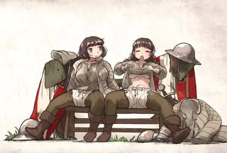 The siege is finally over... we can rest now... I swear the enemy punched a lot harder than before. (I want to be her, the hot fit soldier who joined the ranks and just fought her first battle.)