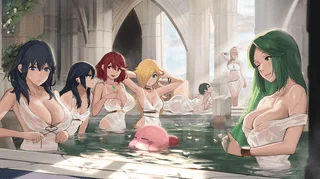 Smash ladies take a bath - Byleth, Lucina, Pyra, Mythra, Rosalina, Bayonetta, Samus, Palutena (J@CK) [Fire Emblem, Xenoblade Chronicles, Super Mario Bros, Bayonetta, Metroid, Kid Icarus]
