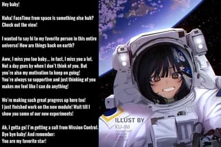 Rocket Girl! [F/A] [wholesome] [astronaut] [girlfriend] [no sex] [calling from space] [loving] {Artist: Ku-Ini} (my first caption!)