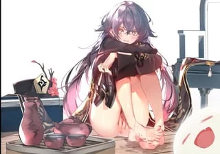 Hu Tao sitting with her pussy out