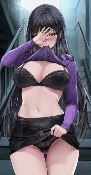Tugging her Shirt Up
