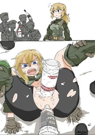 Pinned down and bottle shoved inside by her comrades