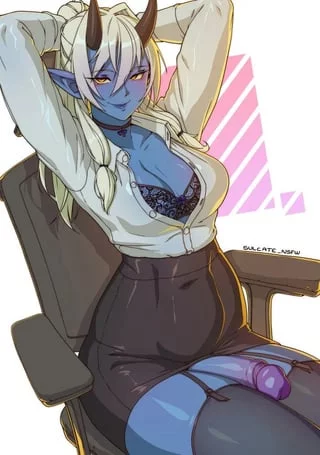 Ah, yes~? What do you need, Darling~? I was in the middle of something. (I want to be your futa boss who you walk in on during some of her personal time~)