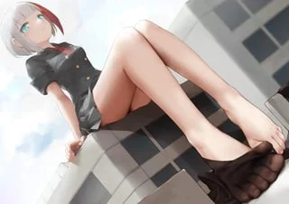 Taking off stockings with her toes