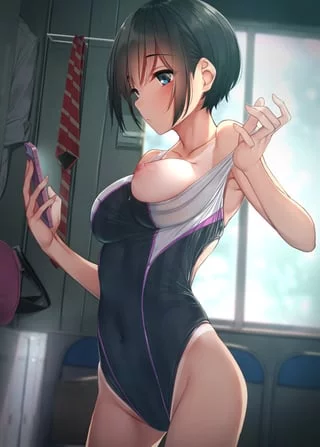 Putting on her swimsuit