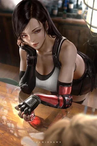 You enter a bar and there is......Tifa? You recognize quickly it's just your shape-shifting neighbor who winks at you as she sees you
