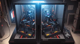 Caution! These fembots are undergoing hypnotic dronification. Do not disturb them or the bot's processing units will suffer unforseen consequences. When they emerge in one week we will test to see if they are properly dronified, and if not they will stay there until they are