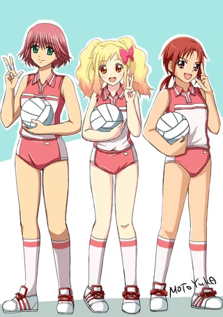 Tsukasa Kasuga, Yume Nijino, and Akane Hino in Volleyball Uniforms [Tokimeki Memorial: Only Love, Aikatsu Stars!, Smile Precure!]