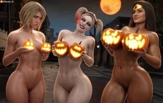 Supergirl, Harley, and Wonder Woman - "Halloween Pumpkin Envy" (Nemesis_3d) [DC]