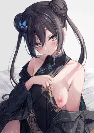 Kisaki showing her pink and erect nipple