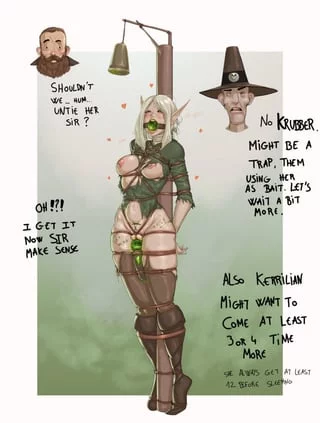 I really didn't want to get caught honestly. Being bound and toyed with by those filthy monsters doesnt make my pussy leak. And knowing my comrades are watching helplessly as they find a good time to save me is really sad... not hot as fuck at all (darkminou)