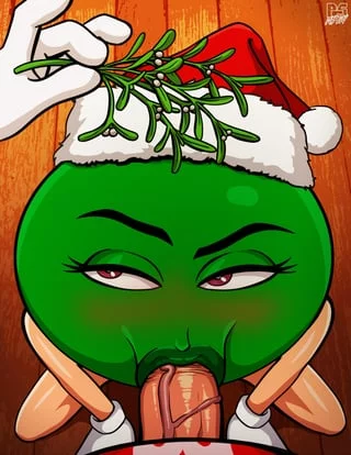 Christmas hat Green M&M sucks cock under mistletoe (PumpS Smut) [M&M's]