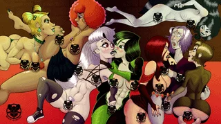 from left to right is Dusk, Luna, other Luna, Shego, Thorn, Raven, Mavis, and Marceline (Satyr Crusader) [Scooby-Doo] [Helluva Boss] [Kim Possible] [Teen Titans] [Hotel Transylvania] [Adventure Time]