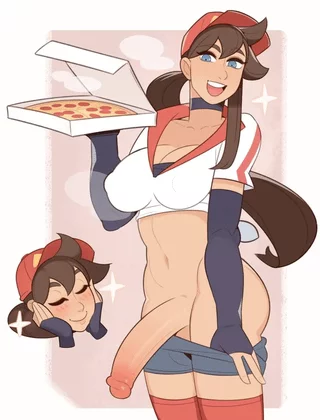 "One pizza with extra sausage on the side! Here's your order ma'am, would you like me to bring the food inside~?" I want to be the delivery girl who always gets sent out for the "extra sausage" orders~