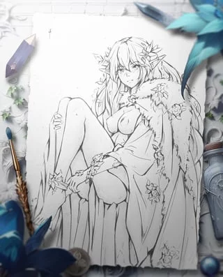 [OC] Elven priestess. Im trying to make some fantasy-like sketchbook backgrounds for my drawings