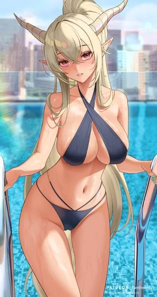 Swimsuit Shining leaving a pool [Arknights]