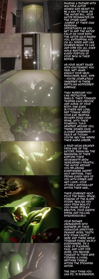 Cramped shower with the gators [Artist: Mildmeat] [harem] [reverse gangbang] [shower sex] [scalie] [anthro] [orgy] [surrounded] [pov]