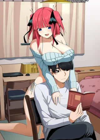 Nino Nakano Resting Her Big Tits On Fuutarou's Head [Quintessential Quintuplets]