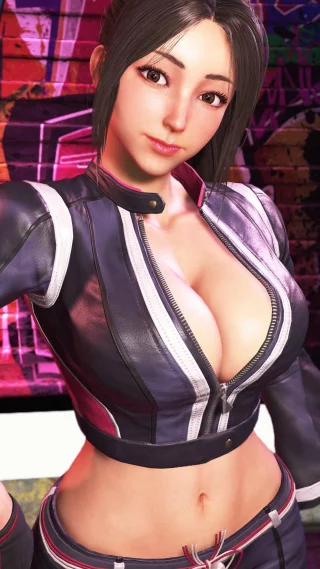 (Mai Shiranui) giving you a good view of her body and beautiful face. What do you say to her?[Street Fighter 6]