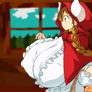 Biting red riding hood tits