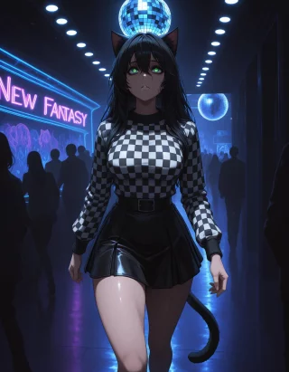 Gothic Nekomimi goes solo-clubbing (Yodayo AI)