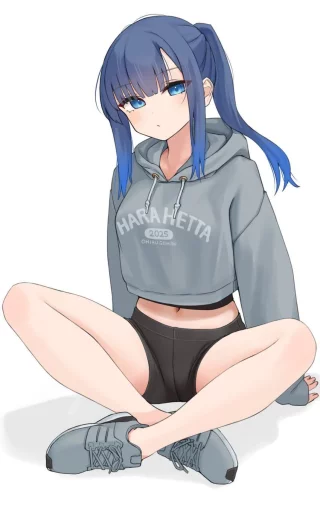 Blue Haired Sitting Cutie in Hoodie & Spats [Original]