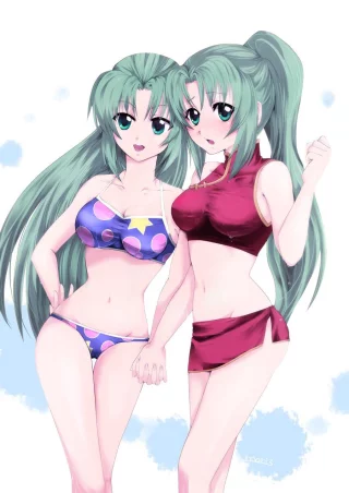 Mion and Shion holding hands on the beach [Higurashi] (盛りり)