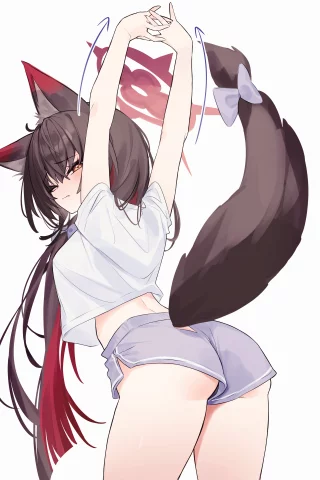 Wakamo stretching in dolphin shorts (diieru) [Blue Archive]