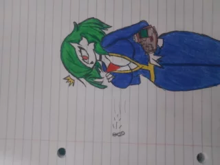 I present to you a drawing I made today of Luci, an OC I created with a friend. I set her in the Fallout universe and she\'s having trouble with her Vault-Tech suit.