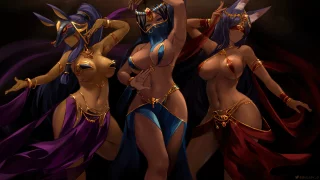 Nitocris, Scheherazade and Queen of Sheba dancing in revealing outfits to show off as much of their sexy dark skinned bodies as possible [Fate]