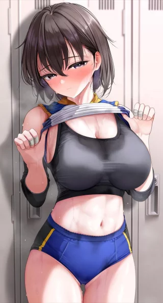 Sweaty Short Haired Volleyball Babe in the Locker Room [Original]