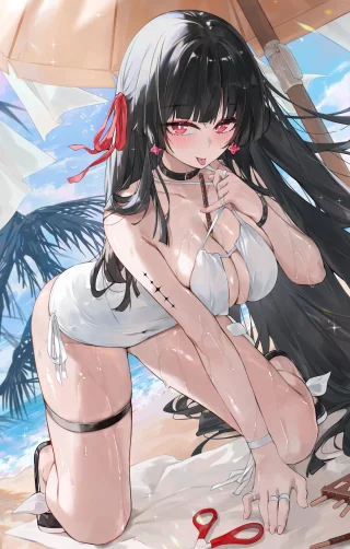Chisa kneeling and adjusting swimsuit (Demahmw(代碼) / demahmw)