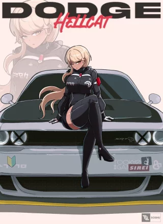 Tsubasa on a Dodge Hellcat [The Hundred Line] (soshuscribbles)