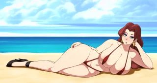 Lady Pauline relaxing on the beach in her new attention getting swimsuit. (Zoxxdot)