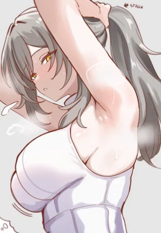 Stelle tying her hair